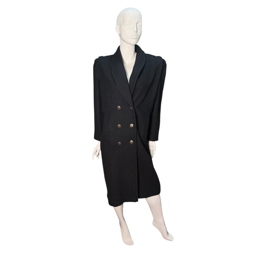 VTG JOFELD Black Double Breasted Wool‎ Blend Coat Puff Shoulder Classic USA